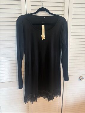 Women’s Black Long-Sleeve Dress with Lace Hem